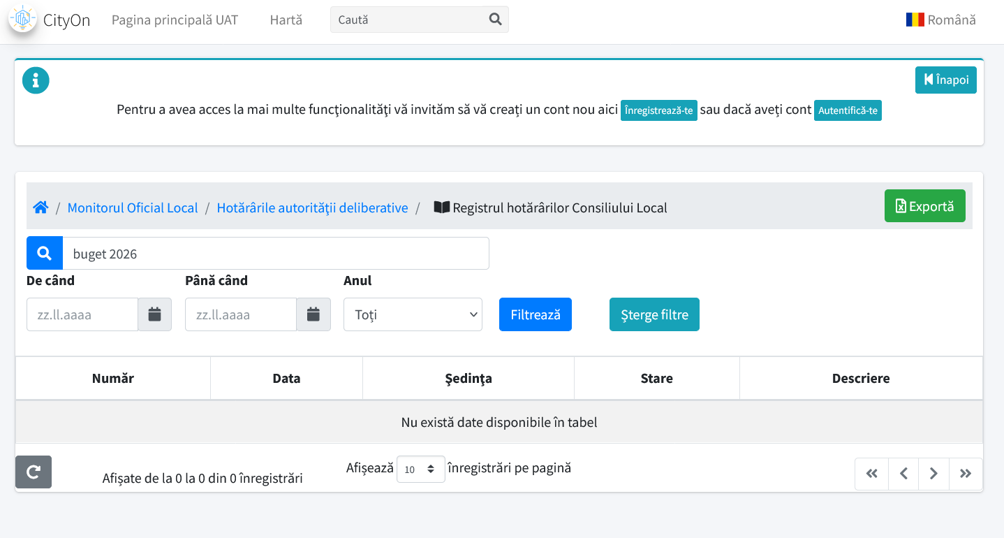 Căutare buget 2026 în Monitorul Oficial Local CityOn Miroslava — Nu există date disponibile în tabel
