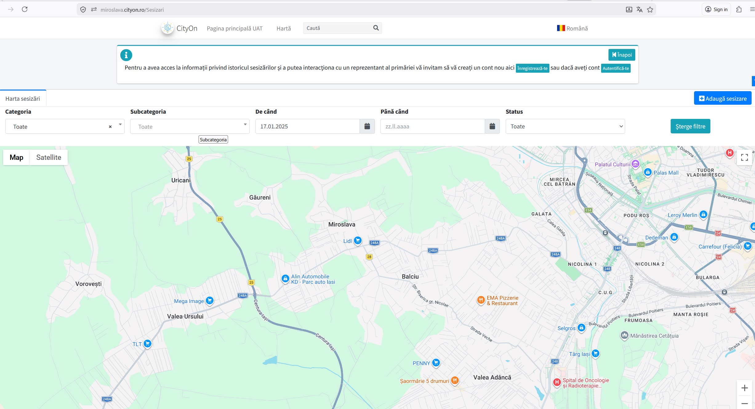 Captură harta sesizărilor pe CityOn Miroslava — harta goală de la 17.01.2025